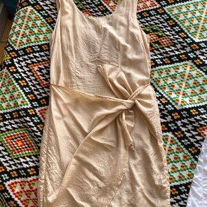 100% Silk Beige Sleeveless Dress with Tie Front